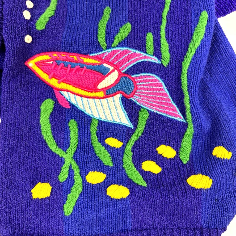 Vtg PBJ Sport Cardigan Sweater Embroidered Ocean Fish Sz S/P Quirky 90s Kidcore - Picture 13 of 16